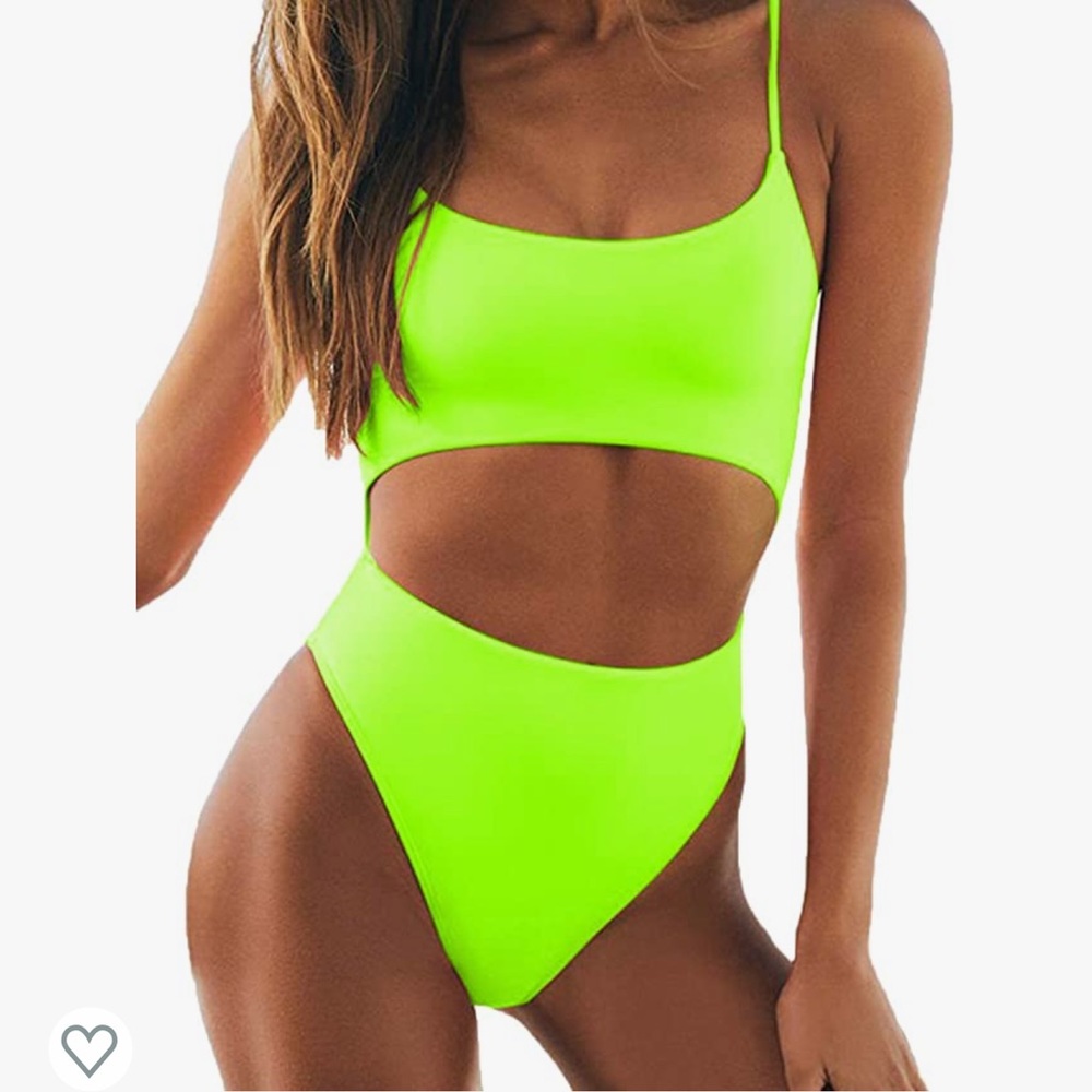 Neon yellow one piece bathing suit with open mid section.